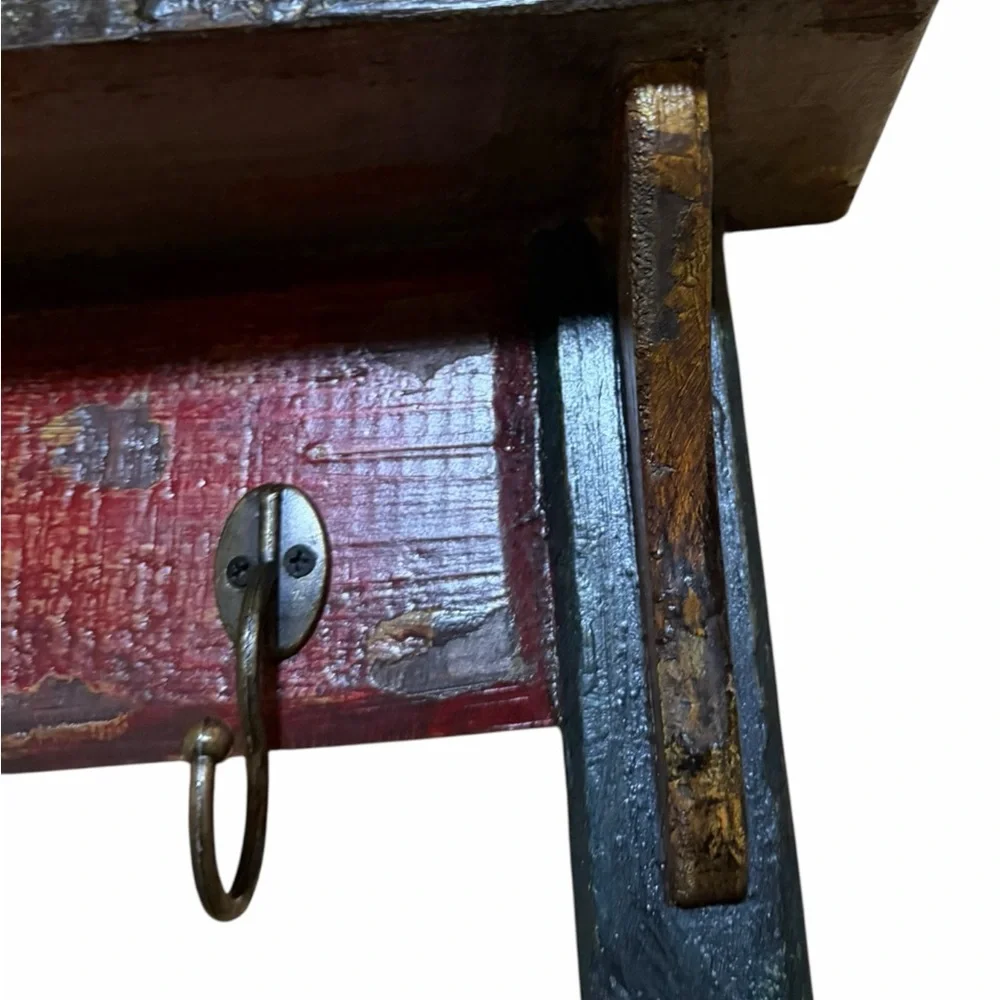 Cottagecore Rustic Distressed Red and Green Wall Shelf with Coat Hooks